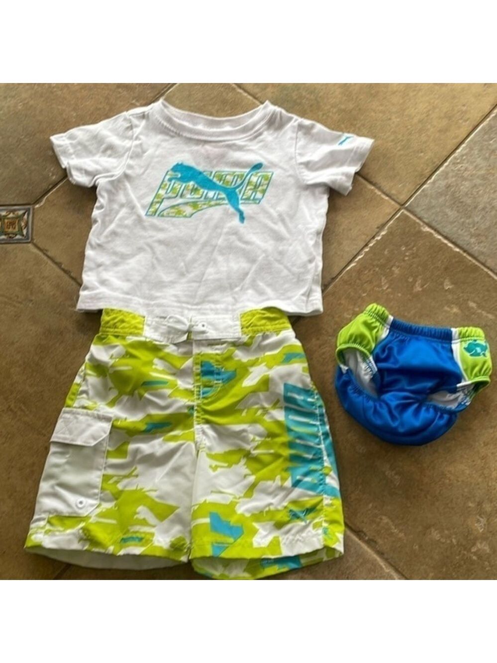 Puma swim board shorts mating tshirt & swim ways reusable swim diaper 12 months